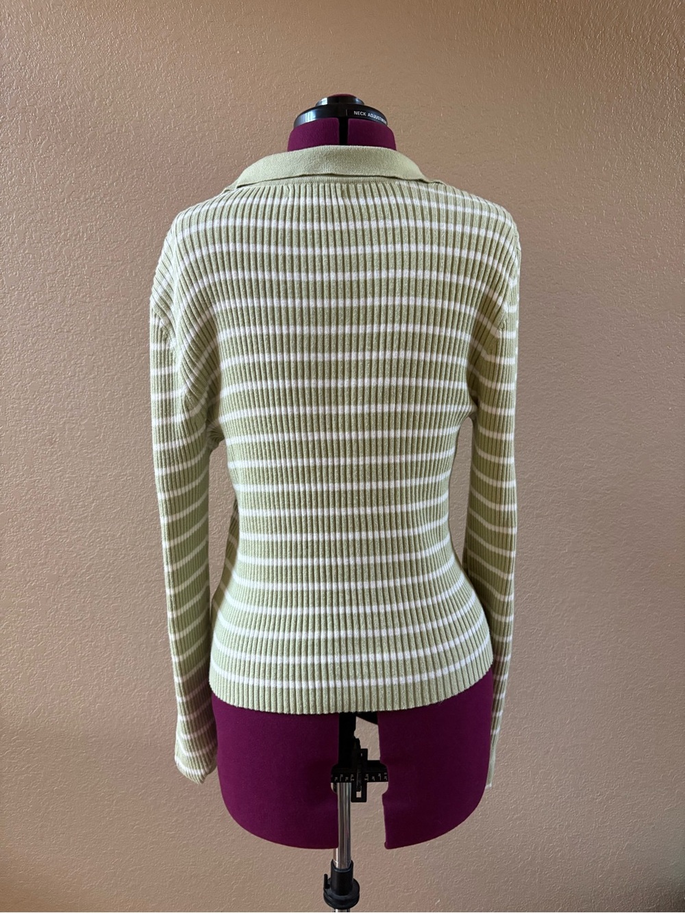 American Eagle Outfitters Green and White Striped V-Neck Polo Sweater - Picture 3 of 5